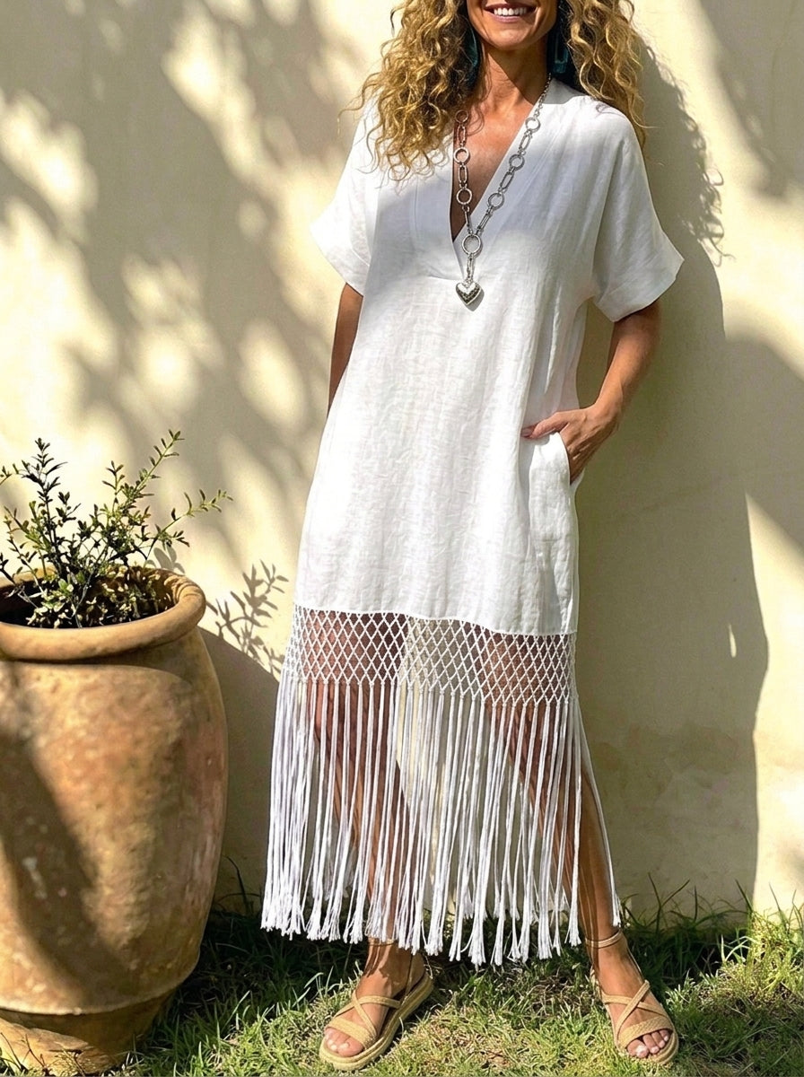 Women’s V Neck Fringe Hem Cotton Linen Cover Up Dress With Pockets