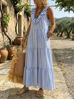 Women's Blue and White Striped Ruffled Layered Dress