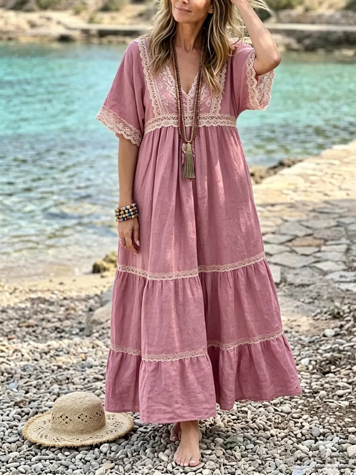 Women's Lace Linen-Blend Tiered Maxi Dress