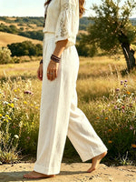 Women's Solid Textured High Waist Cuffed Straight Linen Trousers 10