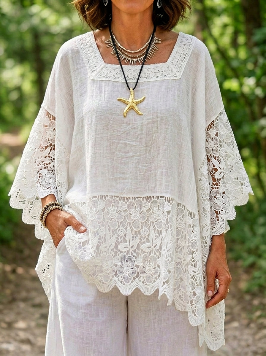 Women’s Square Neck Floral Lace Batwing Sleeve Cotton Linen Tunic