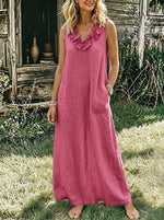 Women's Ruffle V Neck Sleeveless Linen Maxi Dress With Side Pockets