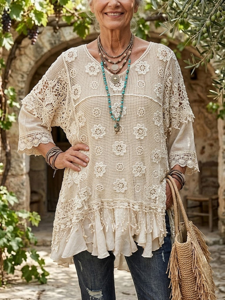 Women's Boho Crochet Fringe Cover-Up Blouse
