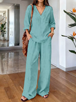 Women's Casual Long-sleeve V-neck Pullover & Pants Set – Washed Cotton (available In Multiple Colors)