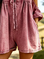 Women's Solid Washed Pleated V-Neck Cold Shoulder Flutter Sleeve Romper