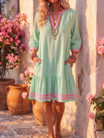 Vintage Art Comfortable Summer Fabrics Cotton Linen Color Block Patchwork Dress
