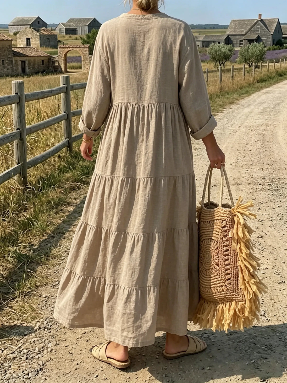Oatmeal Rustic Charm Tiered Linen Dress