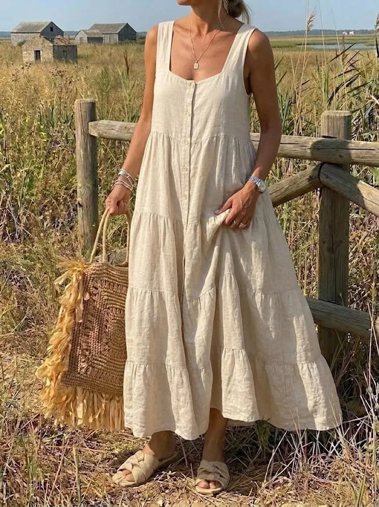 Soft Wheat Sleeveless Tiered Button-Front Dress