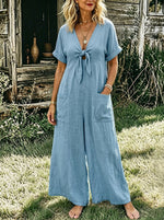 Womens Light Blue V Neck Tie Front Linen Jumpsuit, Cuffed Short Sleeve Wide Leg Overall With Pockets