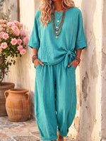 Vintage Art Comfortable Summer Fabrics Casual Cotton Linen Set