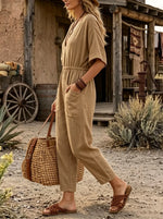 Linen V Neck Short Sleeve Elastic Waist Pocket Jumpsuit