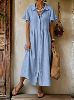 Women's Peter Pan Collar Ruffle Sleeve Pleated Linen Midi Shirt Dress
