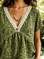 Women Green Leopard Print Lace V Neck Tassel Short Sleeve Blouse