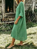 Women’s V-neck Button Linen Midi Dress, 3/4 Sleeve Loose Casual Dress With Pockets
