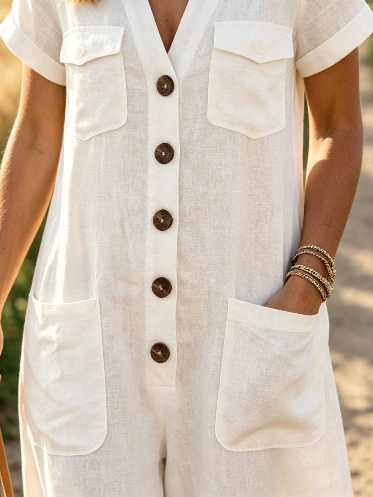 Womens White Linen V Neck Button Front Jumpsuit, Short Sleeve Pocket Wide Leg Long Overall
