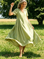 Women’s Casual Cotton Sunmmer Short Sleevev-neck Pocket Maxi Dress
