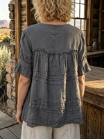 Women's Solid Raw Edge Tiered Ruffle Short Sleeve Linen Blouse