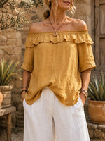 Women Solid Ruffle Off Shoulder Short Sleeve Top