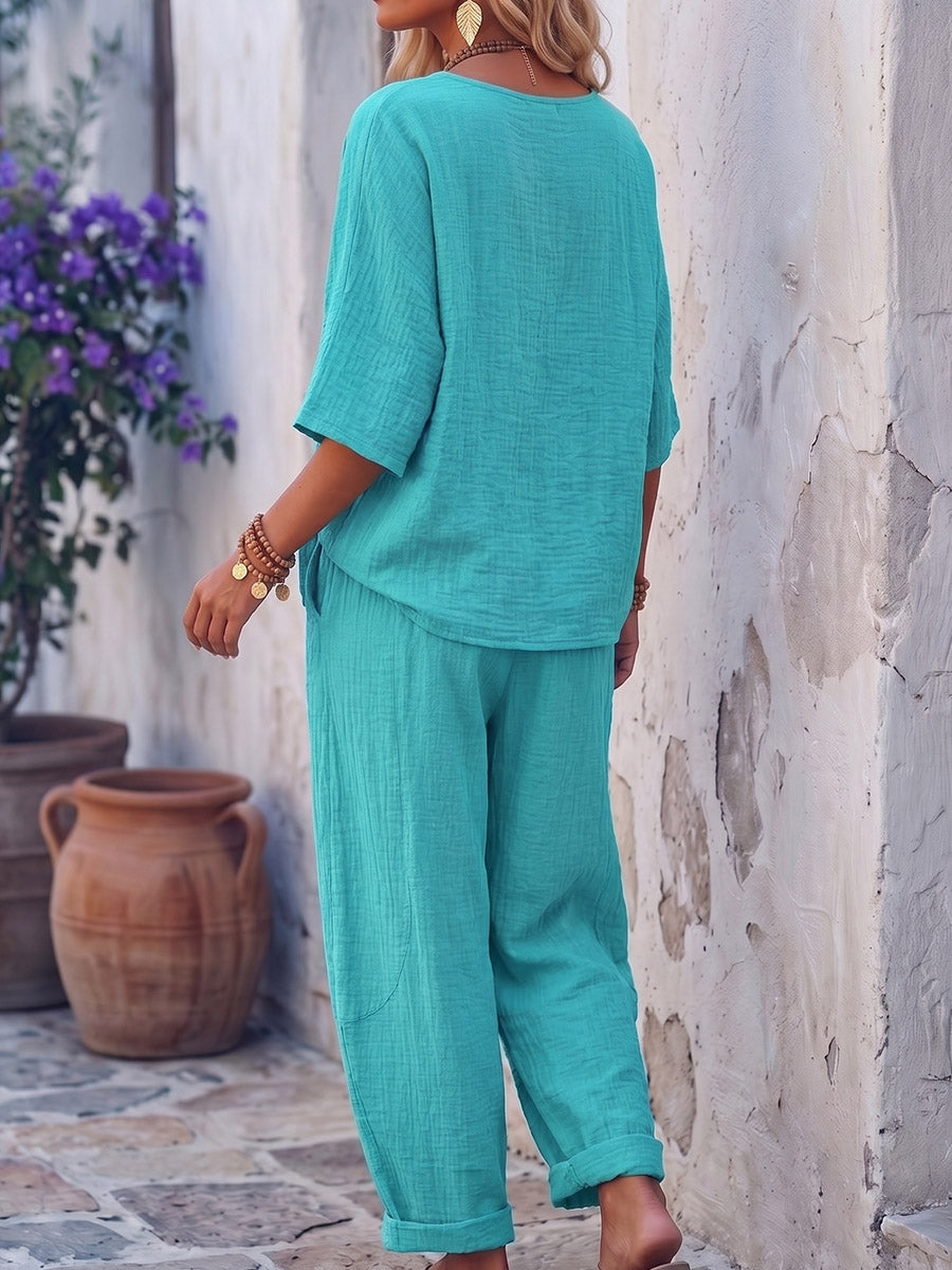 Vintage Art Comfortable Summer Fabrics Casual Cotton Linen Set