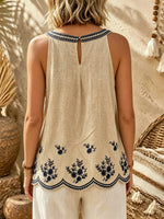Women's Floral Botanical Embroidery Scallop Hem Halter Linen Tank Top