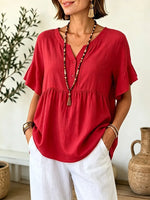 Women Solid Notch Neck Gathered Ruffle Short Sleeve Blouse