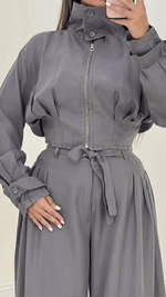 Women's Two-piece Casual Utility Set Featuring A Short, Stand-collar Zip-up Jacket And Wide-leg Trousers With A Tie-waist.