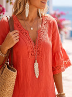 Women’s Crochet Lace V-Neck Linen Midi Dress With Side Slits