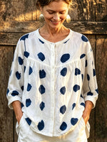 Women’s Navy Polka Dot Round Neck Linen Blouse, Gathered 3/4 Sleeve Button Down Shirt