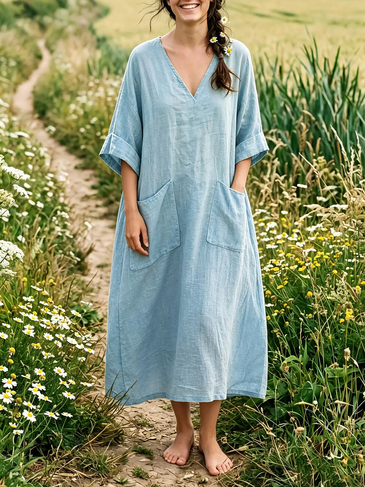 Women's Solid Simple Double Pocket V Neck Oversized Linen Midi Dress