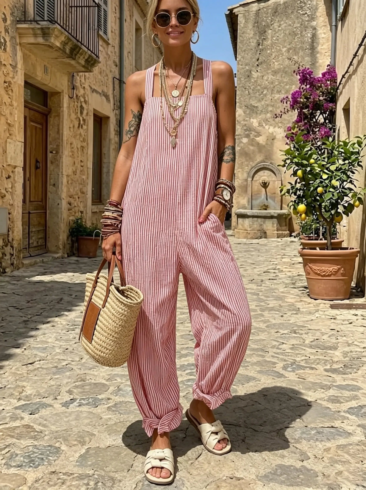 Vintage Red White Stripe Spaghetti Strap Pocket Jogger Jumpsuit