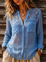 Women’s Chambray Sheer Floral Lace Shoulder Button Down Long Sleeve Shirt