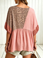 Women Pink Leopard Color Block Drawstring Hem Short Sleeve Top