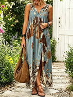 Women Vintage Abstract Leopard Print Sleeveless Split Maxi Dress