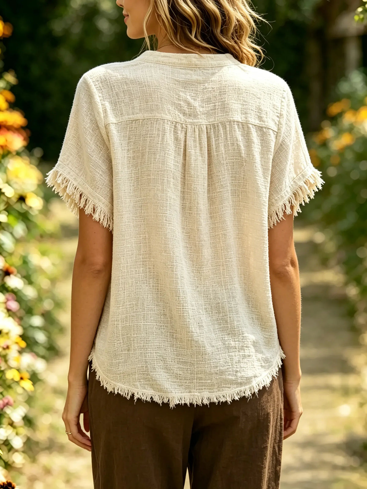 Women's Solid Textured Fringe Trim Short Sleeve V Neck Button Loose Top