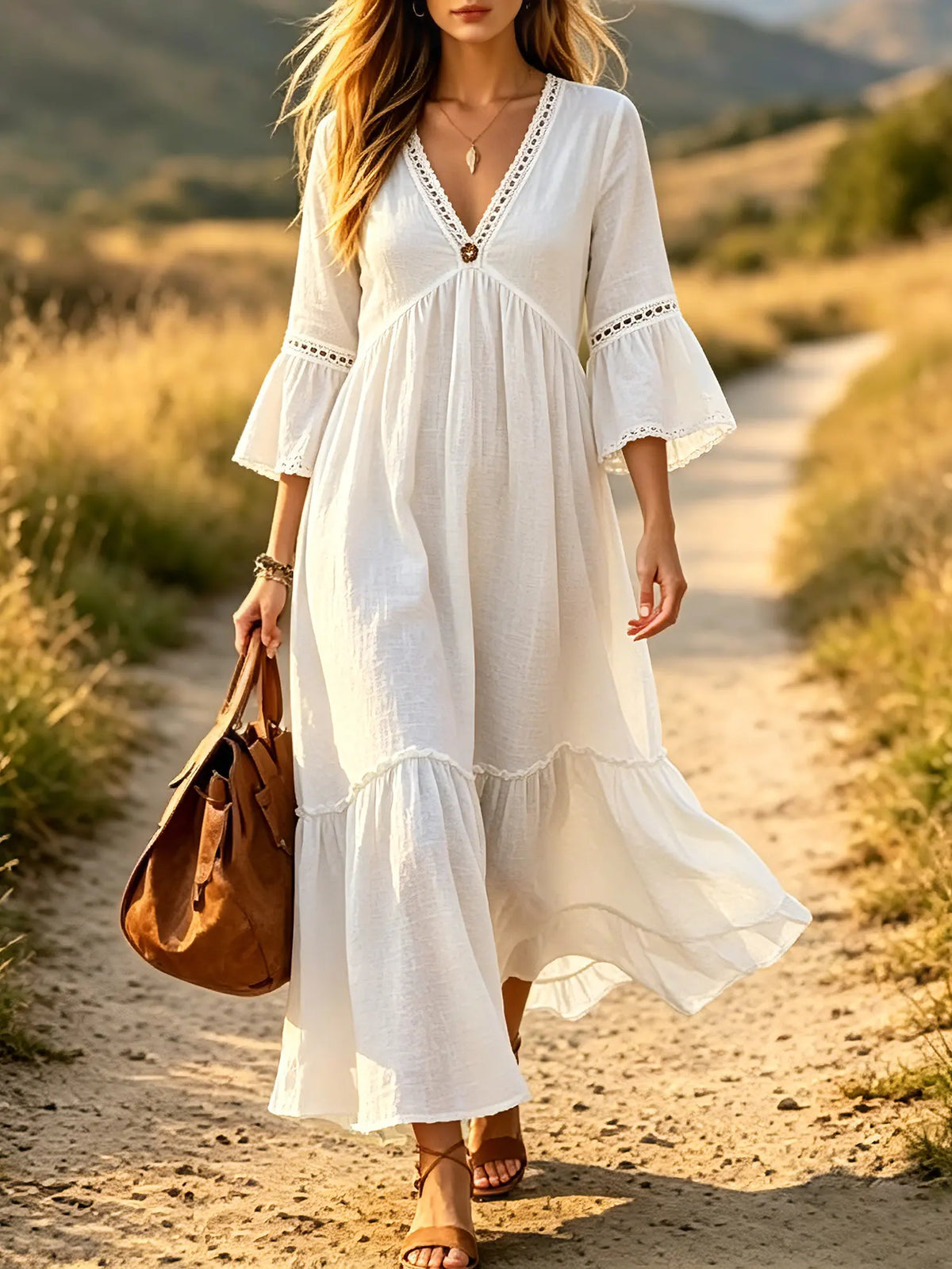 Women Solid Eyelet Lace V Neck Ruffle 3/4 Sleeve Tiered Maxi Dress