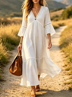 Women Solid Eyelet Lace V Neck Ruffle 3/4 Sleeve Tiered Maxi Dress