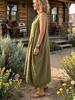 Women's Solid Drawstring Side Pocket Linen Sleeveless Bubble Dress