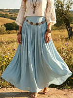 Women's Solid Pleated Flowy High Waist Boho Maxi Skirt
