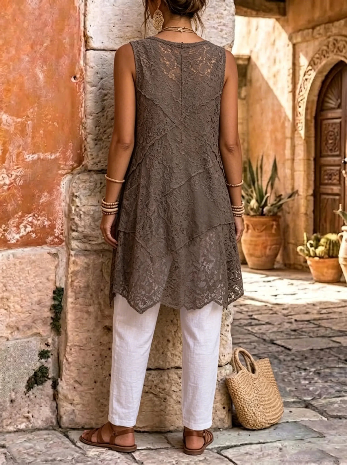 Women's Dark Brown Asymmetrical Lace Tunic