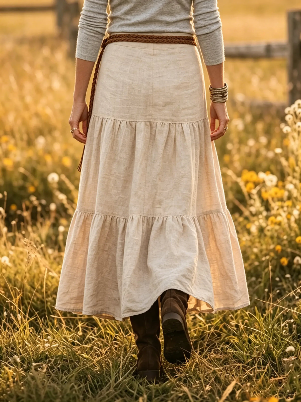 Women's Solid Tiered Linen-Blend Flared Maxi Skirt