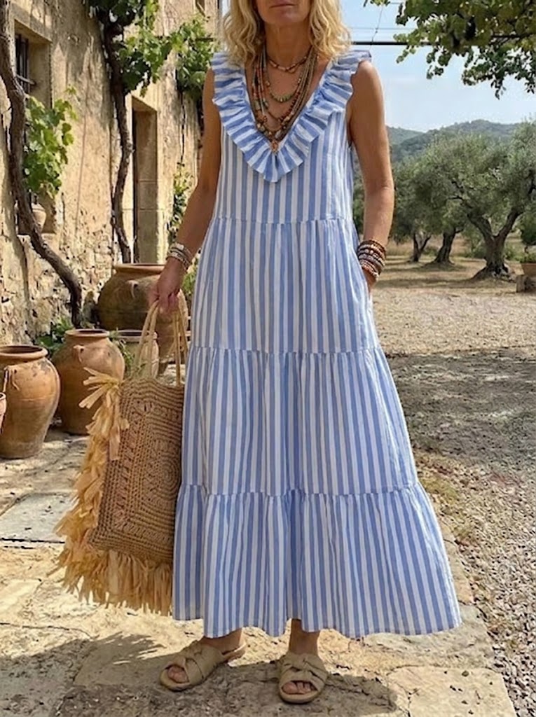 Women's Blue and White Striped Ruffled Layered Dress