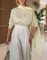 Women's Asymmetrical Collar Satin Blouse, Elegant Batwing Sleeves With Shawl Details, Silk Texture Top