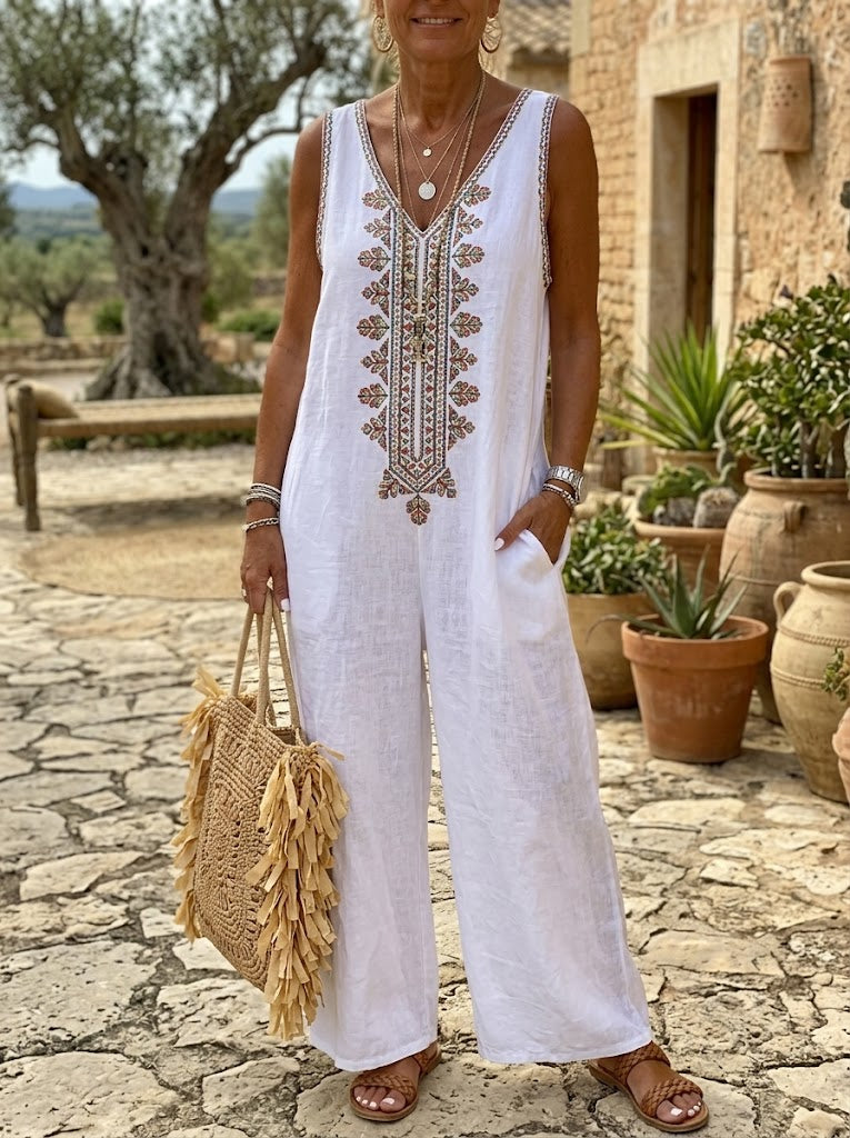Bohemian Floral Print Sleeveless Wide Leg Linen Jumpsuit