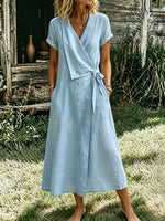 Women’s Casual Cotton Short Sleeve Lapel V-neck Pocket Maxi Dress