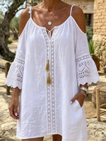 White Cold-Shoulder Lace Tunic Dress