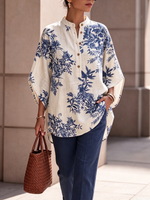 Elegant Floral Print Cotton-linen Shirt With Batwing Sleeves
