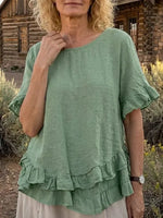 Women's Solid Linen Blend Ruffle Hem Short Sleeve Casual Blouse
