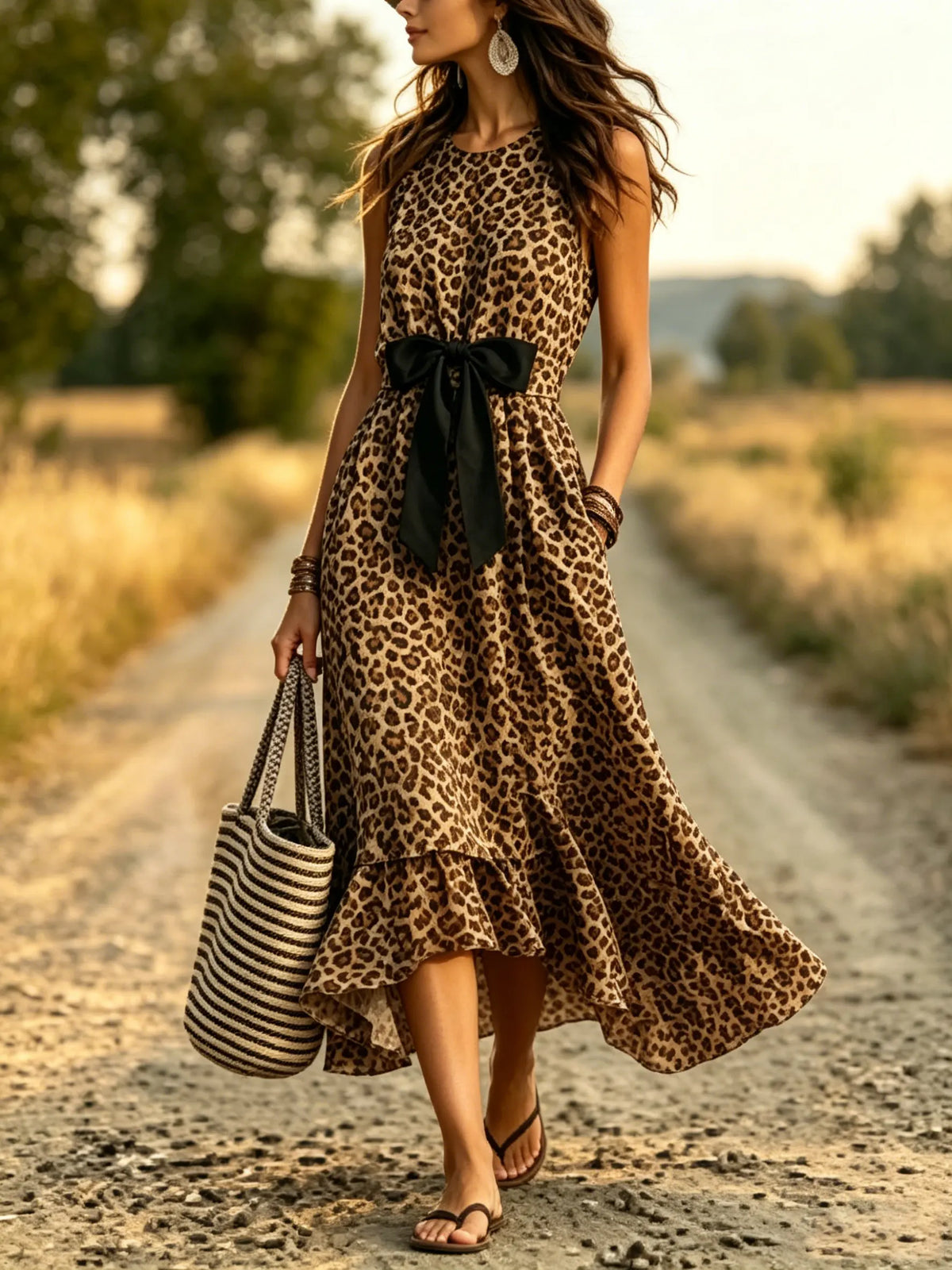 Women's Leopard Print High-Low Bow Dress