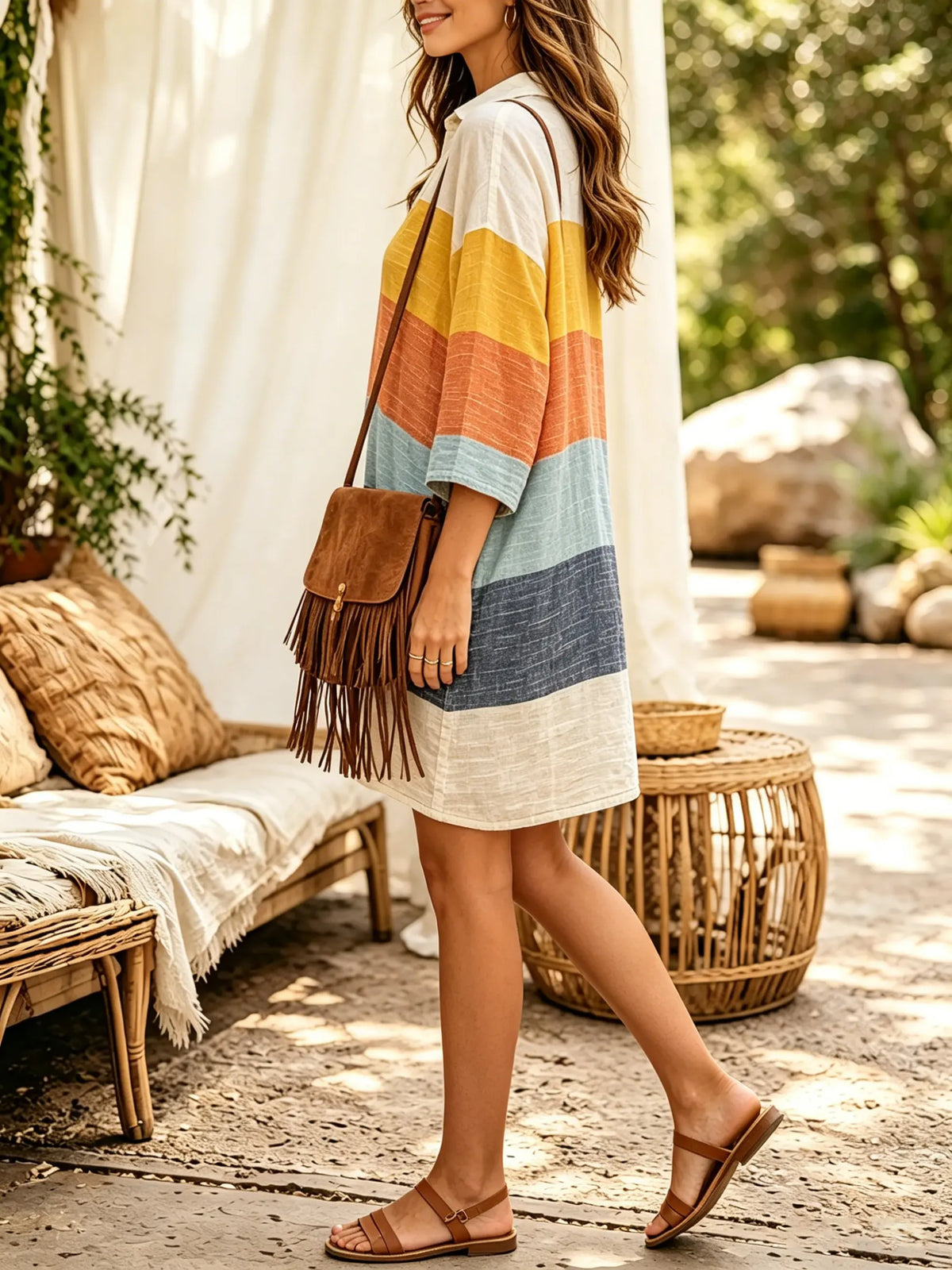 Women's Vintage Color Block Horizontal Stripe Print Collar 3/4 Sleeve Mini Dress