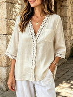 Women Solid Cutout Lace Patch V-Neck 3/4 Sleeve Blouse